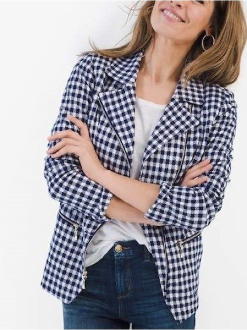 Chico’s Gingham Moto Jacket Blue White Asymmetrical Zip Size 3 XL EUC